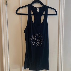 Black tank top with glittery silver design “faith love hope”